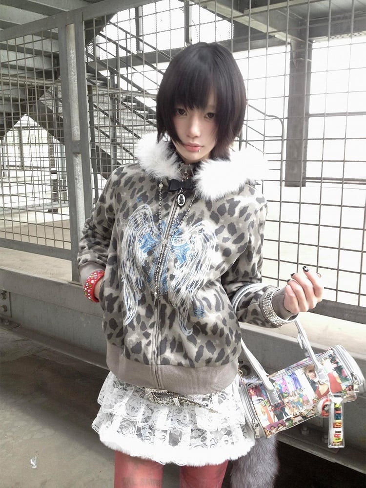 Gyaru Fashion Y2K Gray Leopard Print Hoodie with Detachable Faux Fur Trim