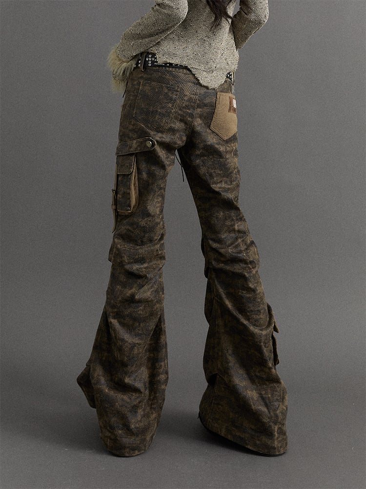 Dusty Grey Camo Low-waist Distressed Design Flared Cargo Pants