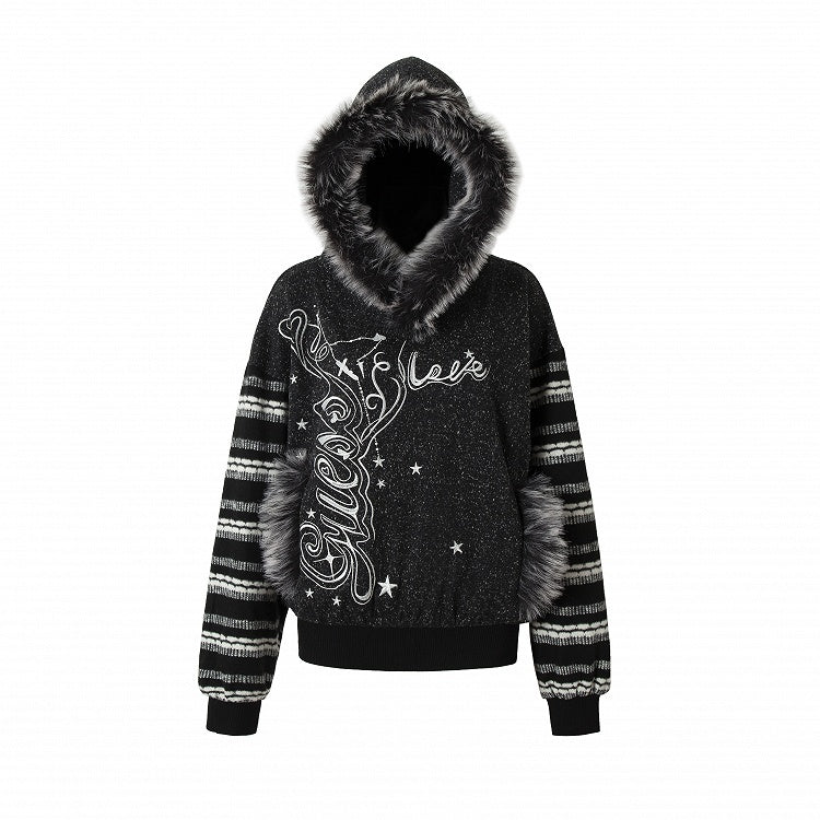 Gray&White/Black&White Plush Trim Striped Sleeves Hoodie