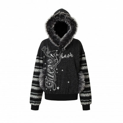 Gray&White/Black&White Plush Trim Striped Sleeves Hoodie