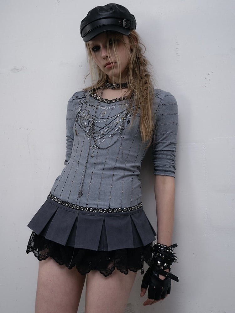 Pink/Blue Wasteland Punk Lace Trim Bowknot Decorated Box Pleat Mini Skirt