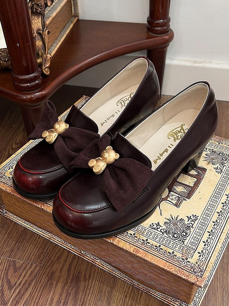 Wine Red Bear Decorated Bow at Top Loafers