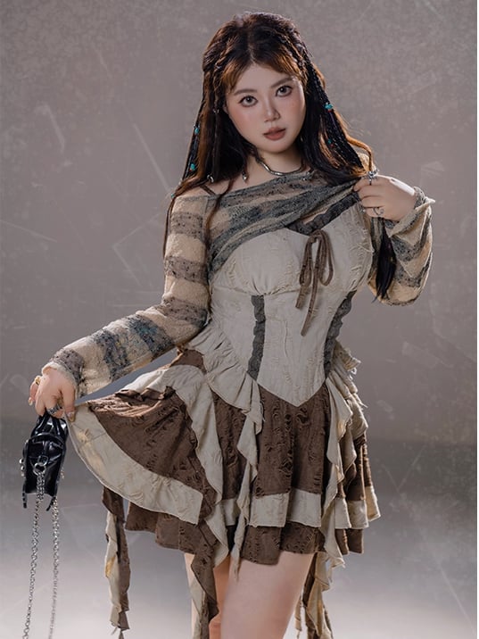 Plus Size Basque Waist Cascading Ruffles Distressed Holes Wasteland Punk Brown Cami Dress