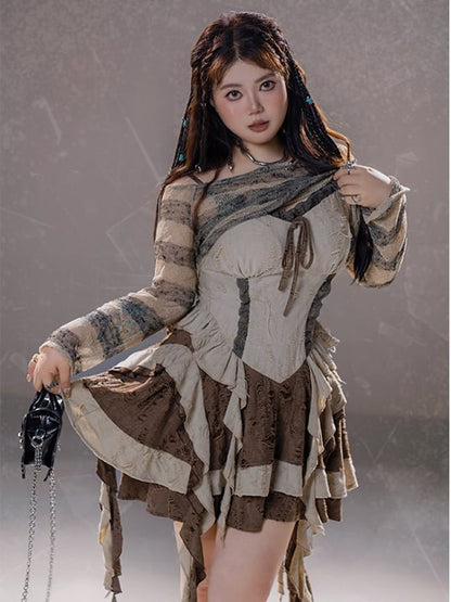 Plus Size Basque Waist Cascading Ruffles Distressed Holes Wasteland Punk Brown Cami Dress