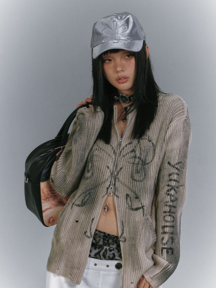 Wasteland Punk Khaki Two-Way Zip Placket Distressed Knitted Sweater