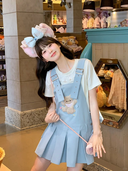 Plush Bear Applique Blue Box Pleat Overall Dress Adjustable Shoulder Straps