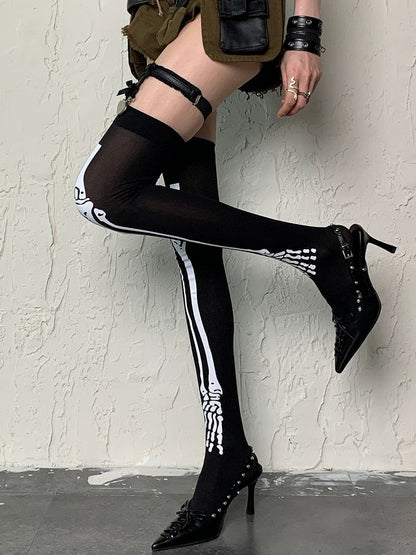 Black Y2K Bone Print Over-knee Stockings