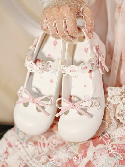 White Beaded Decorated Knotted Bow at Top Round Toe Lolita Shoes