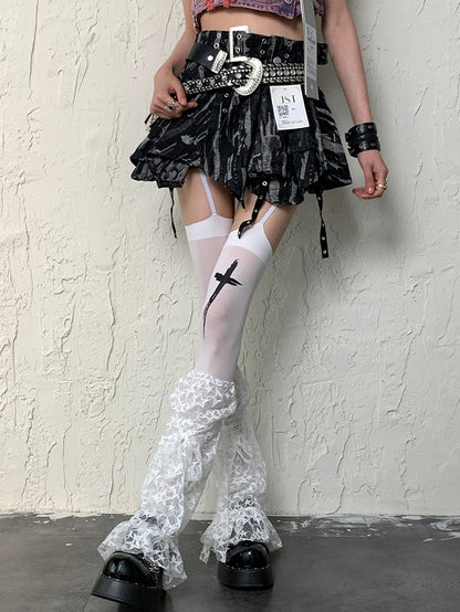White Y2K Bittersweet Star Pattern Self-tie Strap Leg Sleeves