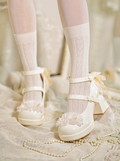 White Knotted Bow at Top Lace Trim Heart Buckles High Block Heels