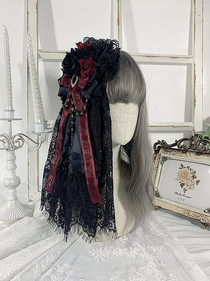 Handmade Gothic Floral Design Bowknot Hairclip with Veil Black&Red/Black