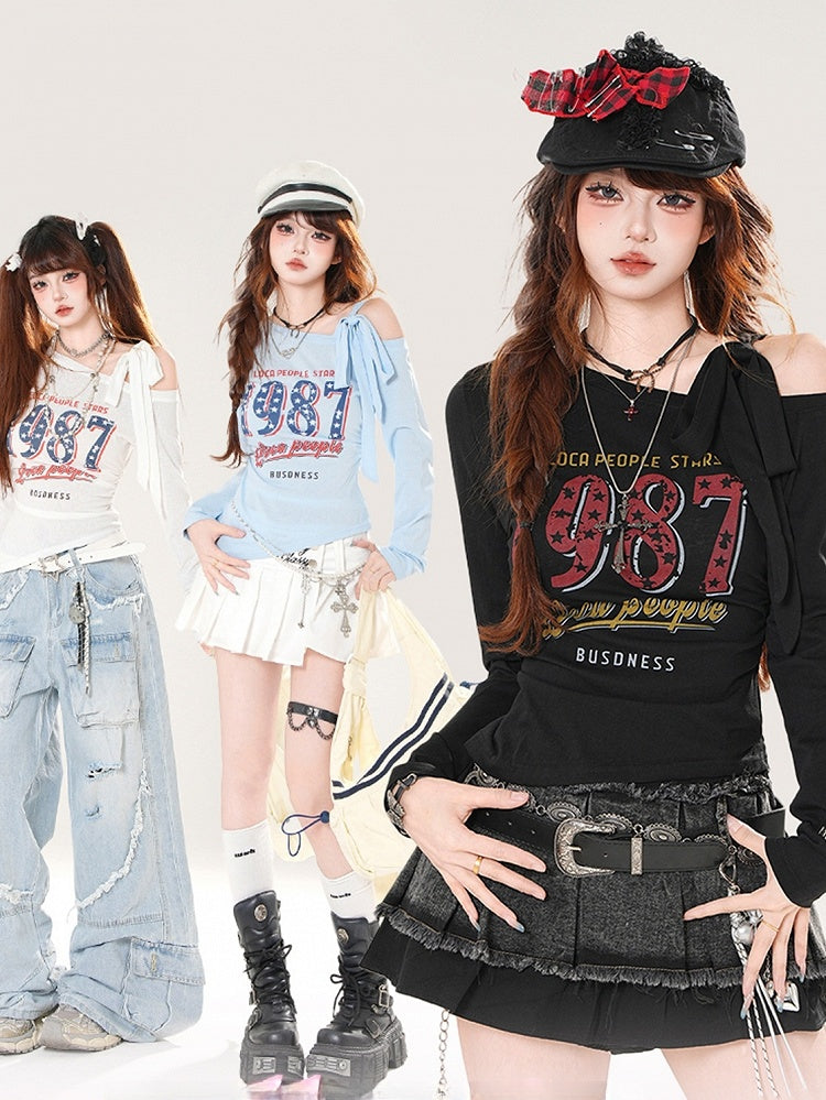 Vintage Number Print Blue/White/Black Asymmetrical Neckline Top