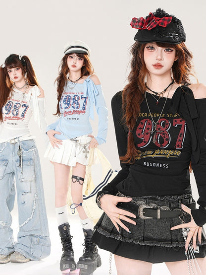 Vintage Number Print Blue/White/Black Asymmetrical Neckline Top