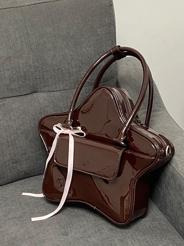 Kawaii 3-Way Glossy Black Star-Shaped Handbag With Ribbon Bow