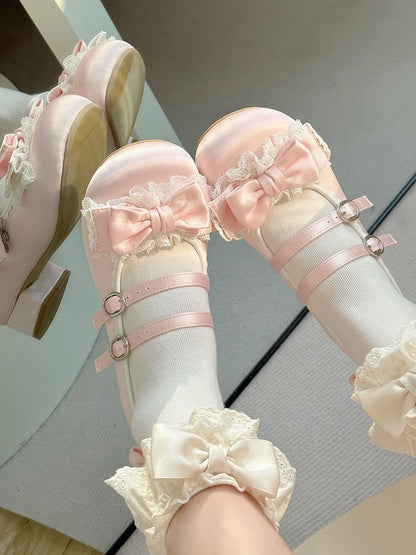 Sweet Pink Lolita Mary Janes - Ruffled Lace Edging, Ornate Bow & Dual Fasteners