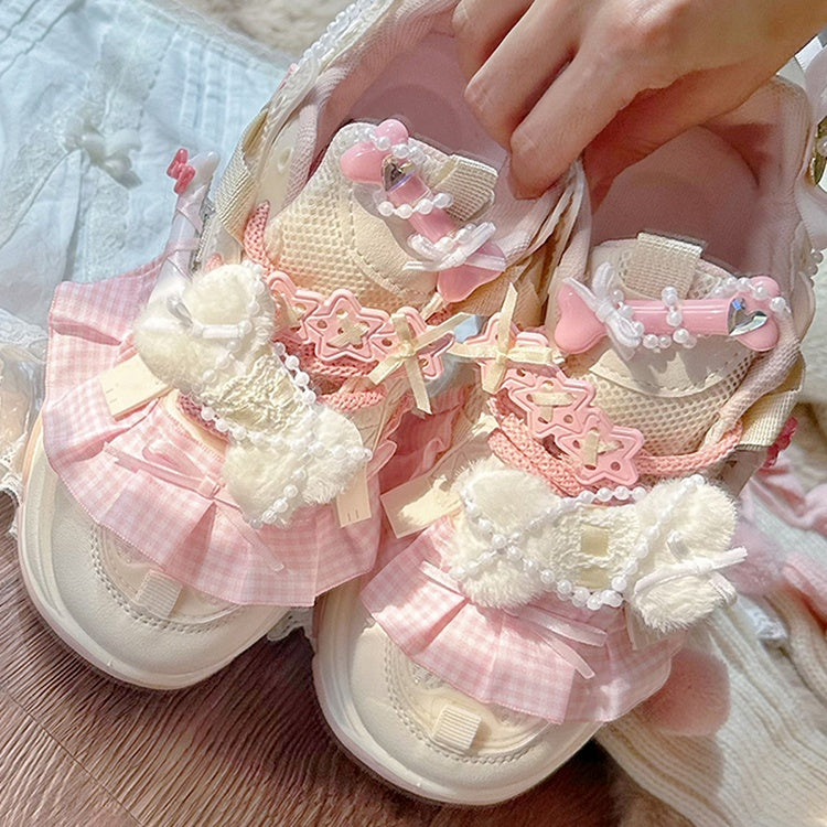 Beige & Pink Plaid Ruffle Trim Plush Bowknot Platform Sneakers