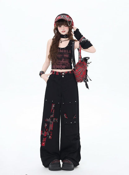 Black and Red Plaid Studs Detail Wide-Leg Pants
