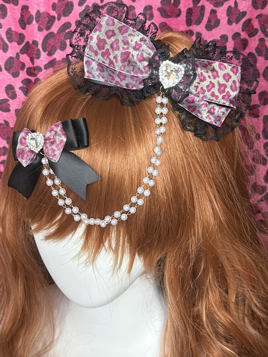 Two Black&Dark/Light Pink Rhinestone Heart Decorated Bead Chain Bowknot Hairclips