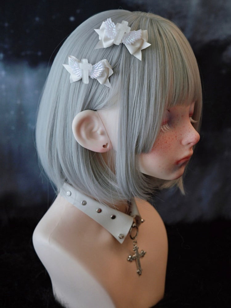 White Gothic Cross Wing Bow Hairclips