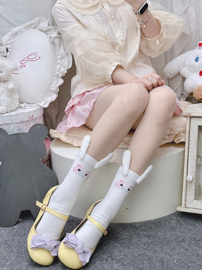 White Bunny Print Calf Socks With Bunny Ears