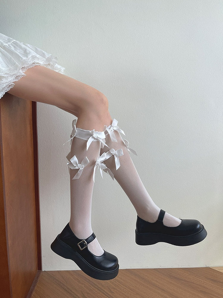 White/Black Bowknot Details Semi-sheer Underknee Stockings