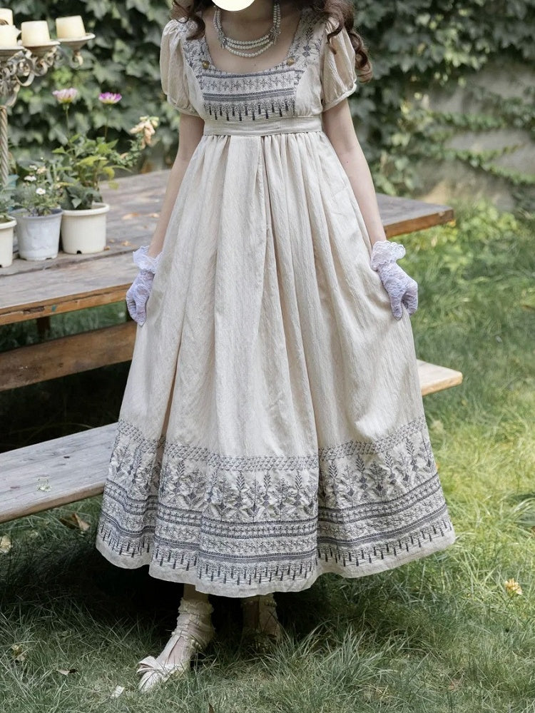 Foldover Design Neckline Blue Vintage Embroidery Empire Waist Elegant Lolita One Piece Long/Short Version