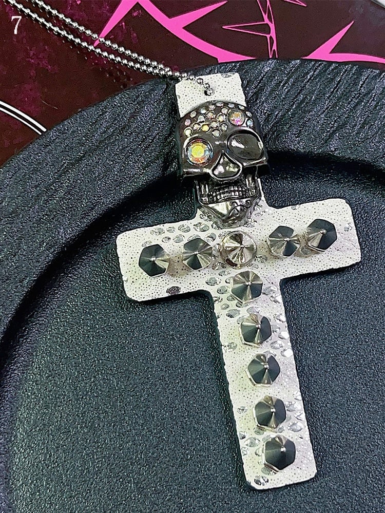 9 Options Gyaru Fashion Skeleton And Studs Leopard Cross Necklace