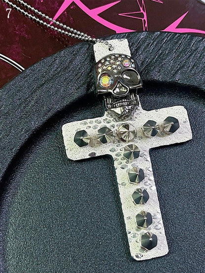 9 Options Gyaru Fashion Skeleton And Studs Leopard Cross Necklace