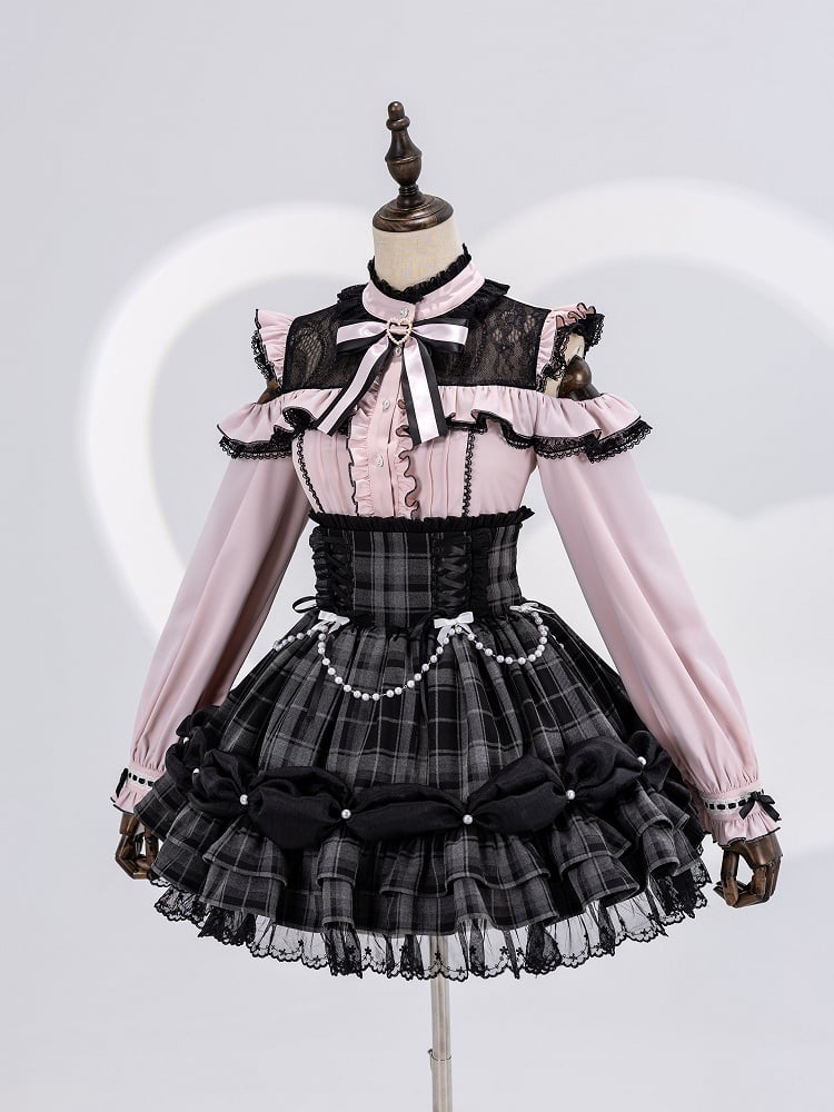 Bead Chain and Bow Accents Adorned High Waist Jirai Kei All Grey Plaid Skirt