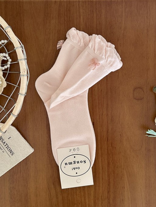 Pink/Blue/Black/White/Yellow/Gray Bowknot Details Ruffled Cuff Calf Socks