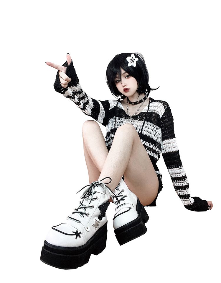 Star Appliques Punk White Denim Platform Ankle Boots