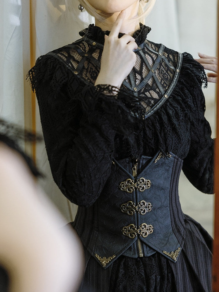 Black Gothic Banded Collar Lace Shirt