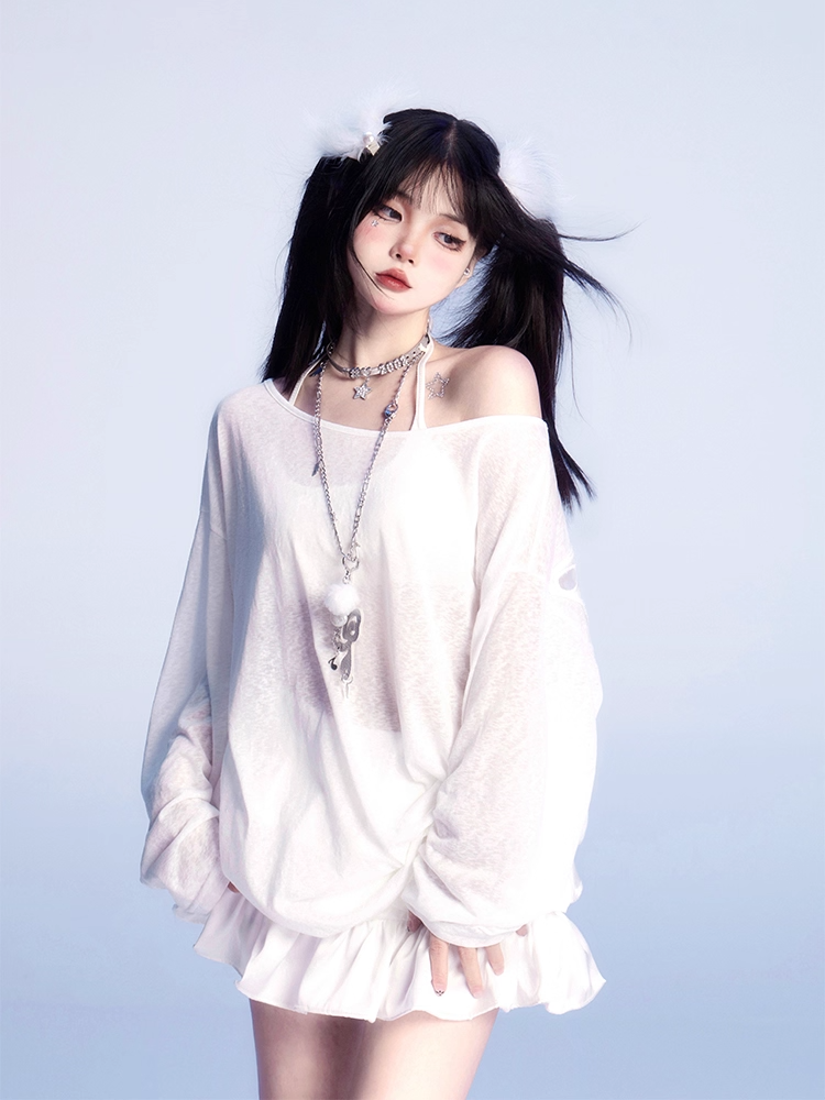 Butterfly-shaped Cutout White Asymmetrical Neckline Semi-sheer Coverup