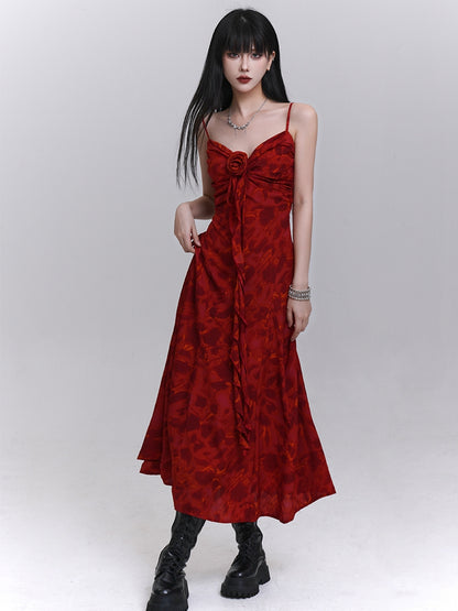 Red Sweetheart Neckline Cascading Ruffle Floral Cami Dress