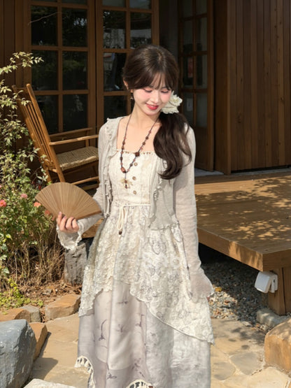 Cheongsam Style Gray Jacquard Asymmetrical Tassel Hem Mori Kei Slip Dress