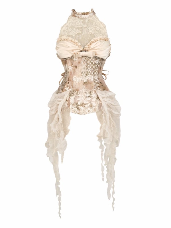 Rococo Illusion Lace Halter Neck Corset Top with Detachable Cascading Ruffle Accents