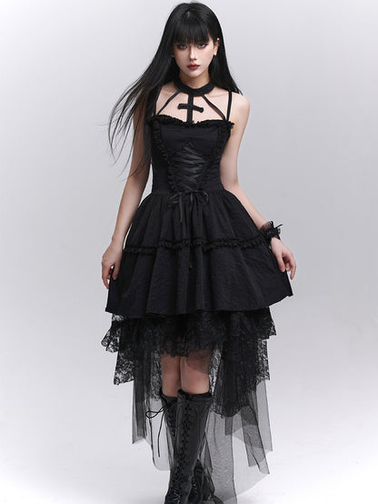 Gothic Black Lace-up Front Basque Waist Cross Halter Dress