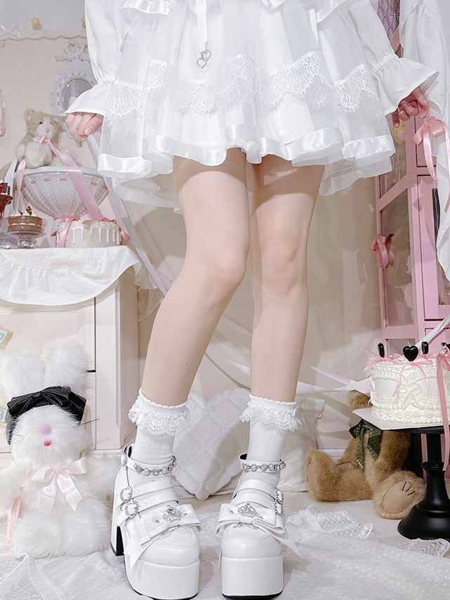 Matte White Jirai Kei Rhinestone Decorated Heart-shaped Buckle Design Bow at Top Platform High Block Heels