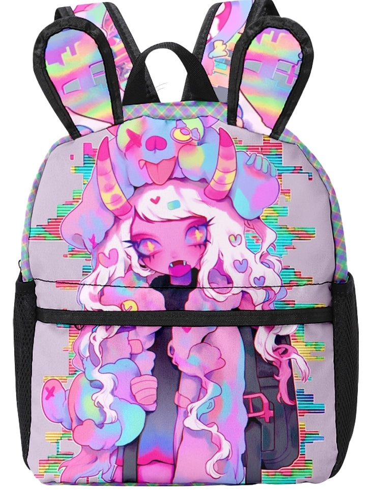 Pink Y2K Backpack with Cartoon Print and Bunny Ear Accents