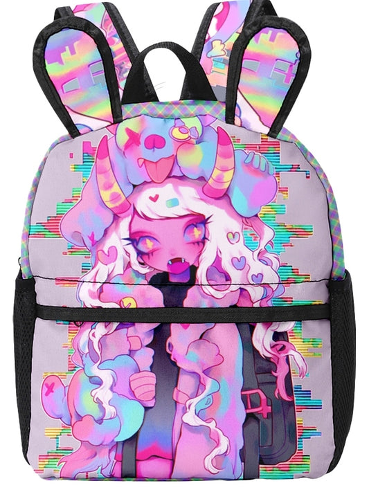 Pink Y2K Backpack with Cartoon Print and Bunny Ear Accents
