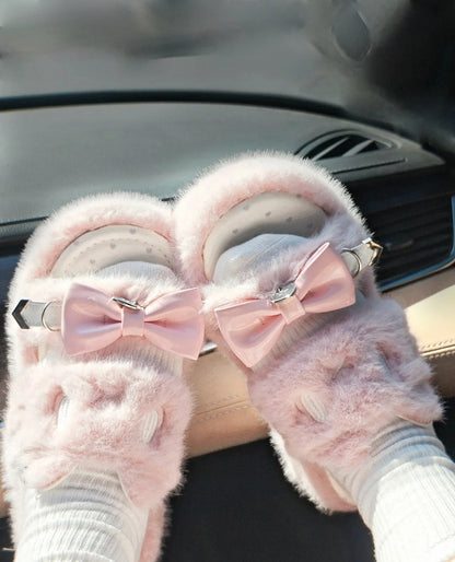 Rebellious Kitten Embroidery Slippers - Jirai Kei Pink Plush Platform with Bow & Heart Charm