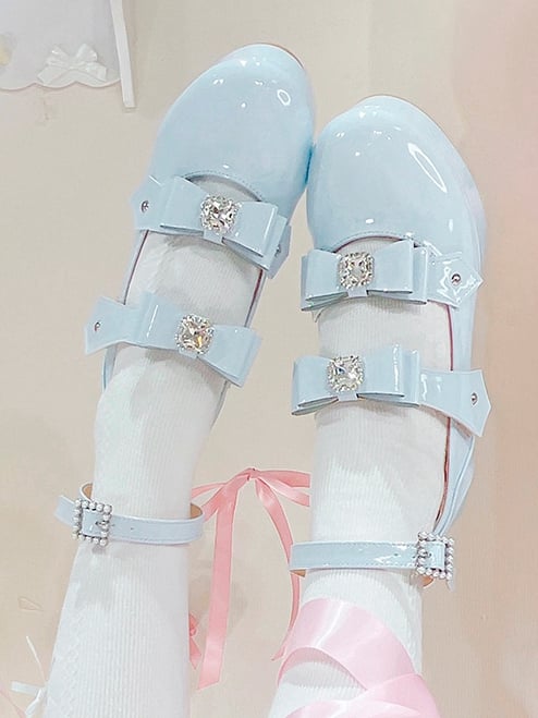 Buckle Ankle Strap Blue Rhinestoned Bowknots Jirai Kei Platform High Heels