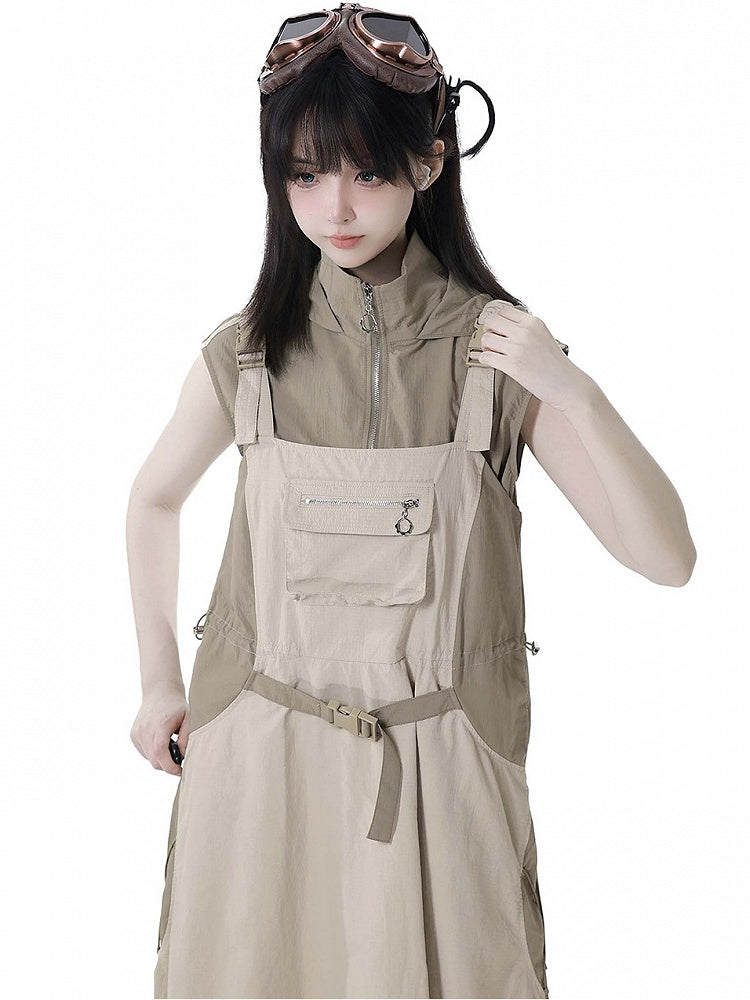 Khaki Snap and Drawstring Details Techwear Overall Bubble Skirt
