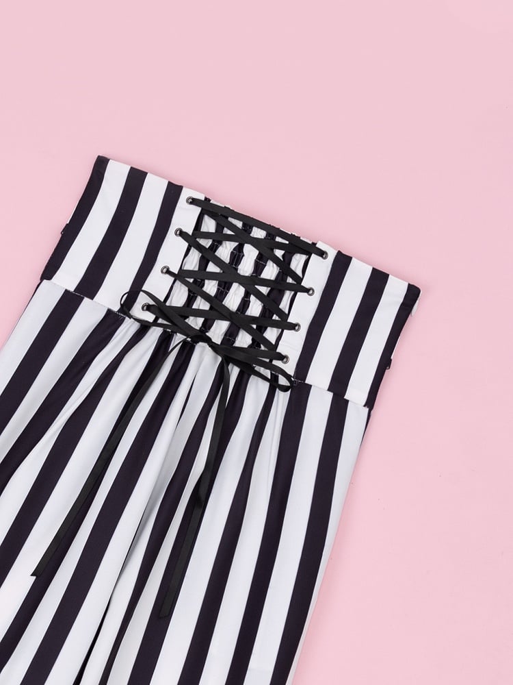 Ouji Fashion Clown Vibes Corset Belt High Waist Black and White Striped Pants