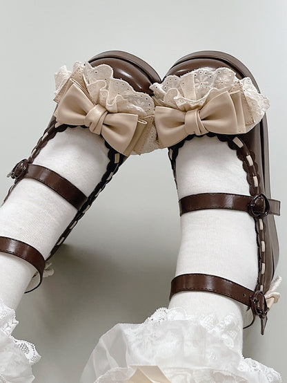 Chocolate Brown Bow at Top Lace Trim Heart Buckles Platforms
