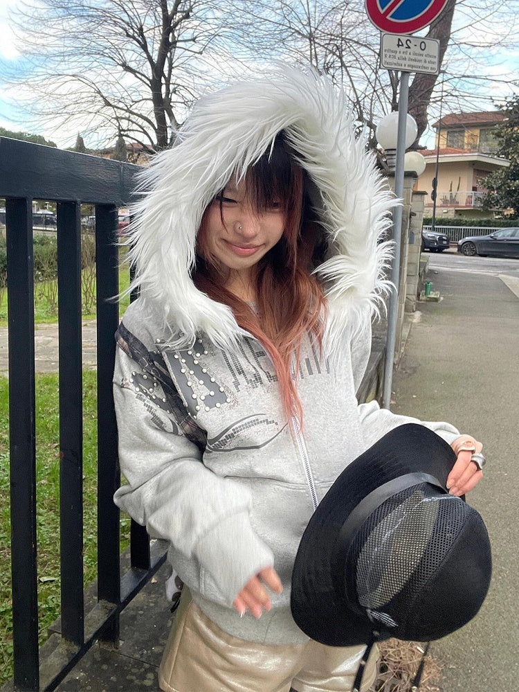 Gray Y2K Zip-Up Hoodie with Faux Fur Trim and Graphic Print