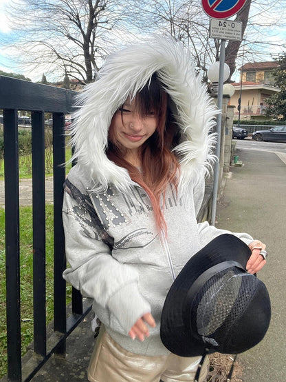 Gray Y2K Zip-Up Hoodie with Faux Fur Trim and Graphic Print