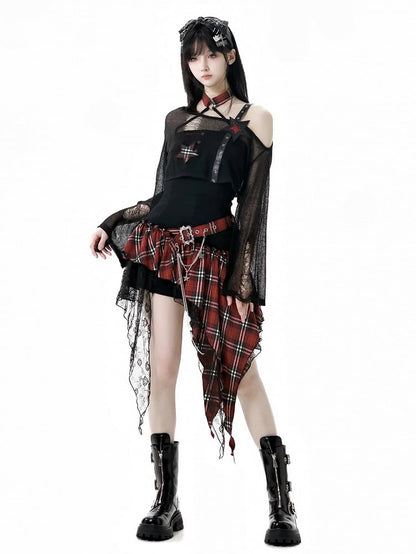 Red/Black & White Plaid Mesh Patches Handkerchief Hem Punk Rock Strapless Dress