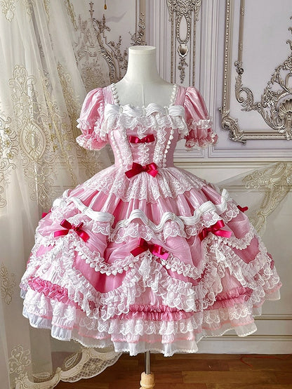 Clearance-Size XXL for Bust 100CM Pink Strawberry Cake Short Puff Sleeves Sweet Lolita Birthday Dress