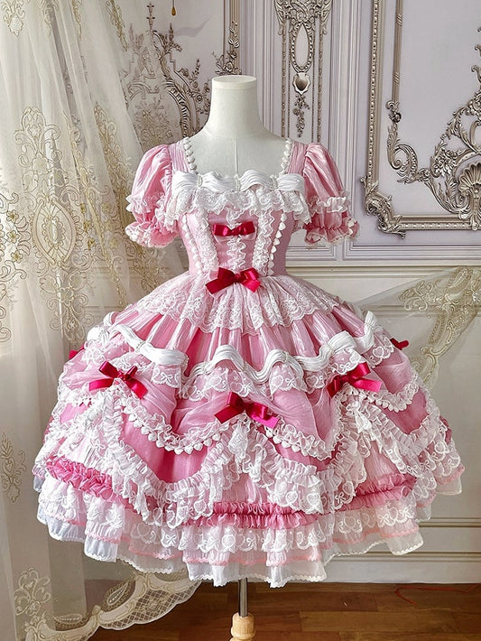 Clearance-Size XXL for Bust 100CM Pink Strawberry Cake Short Puff Sleeves Sweet Lolita Birthday Dress